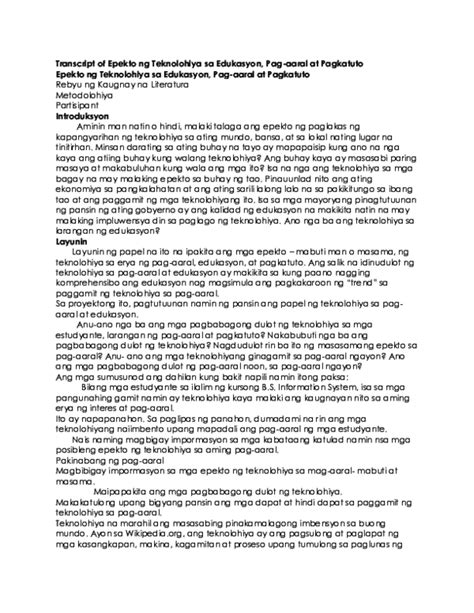Transcript of Epekto ng Teknolohiya sa Edukasyon, .